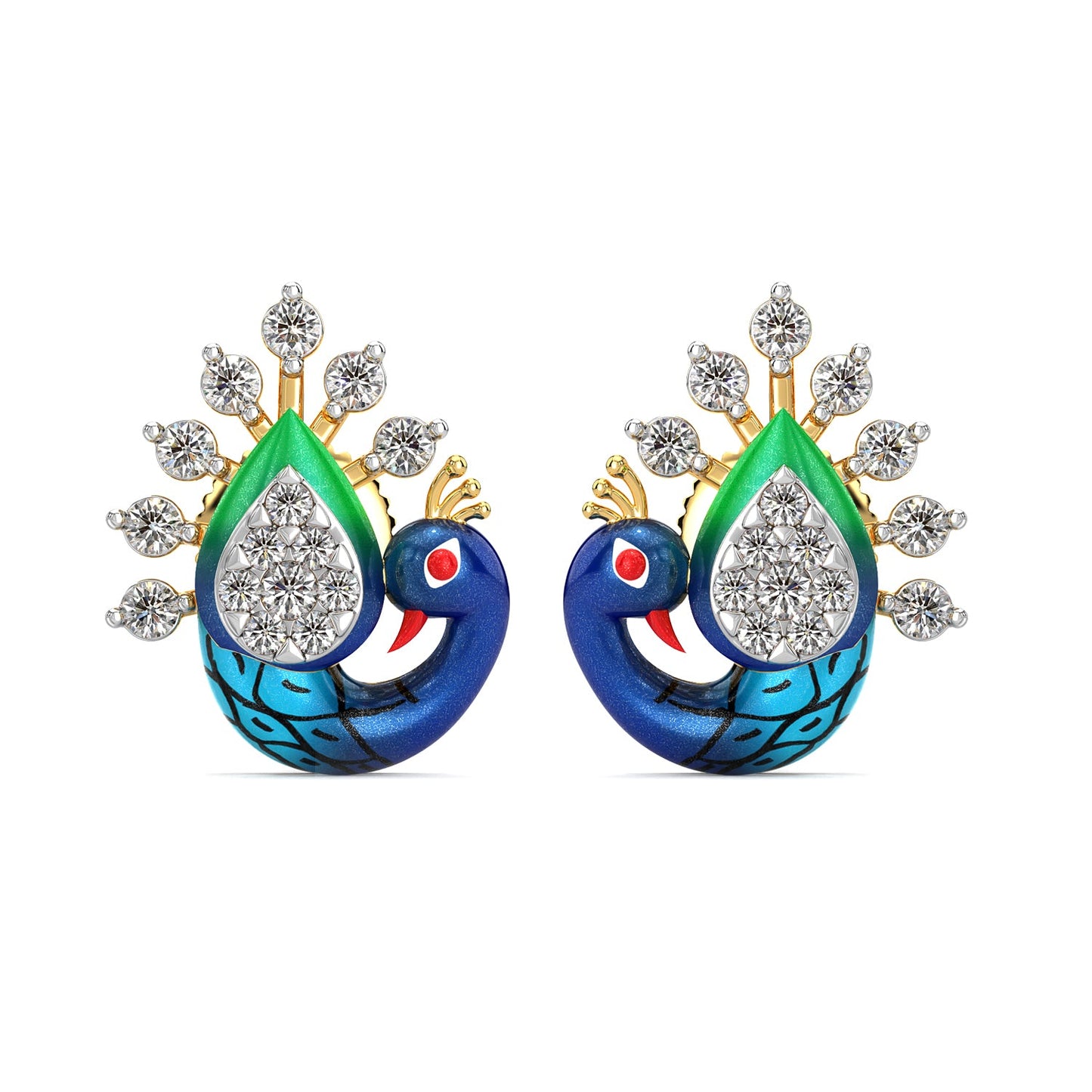 Fancy Feather Peacock Earrings-Yellow Gold