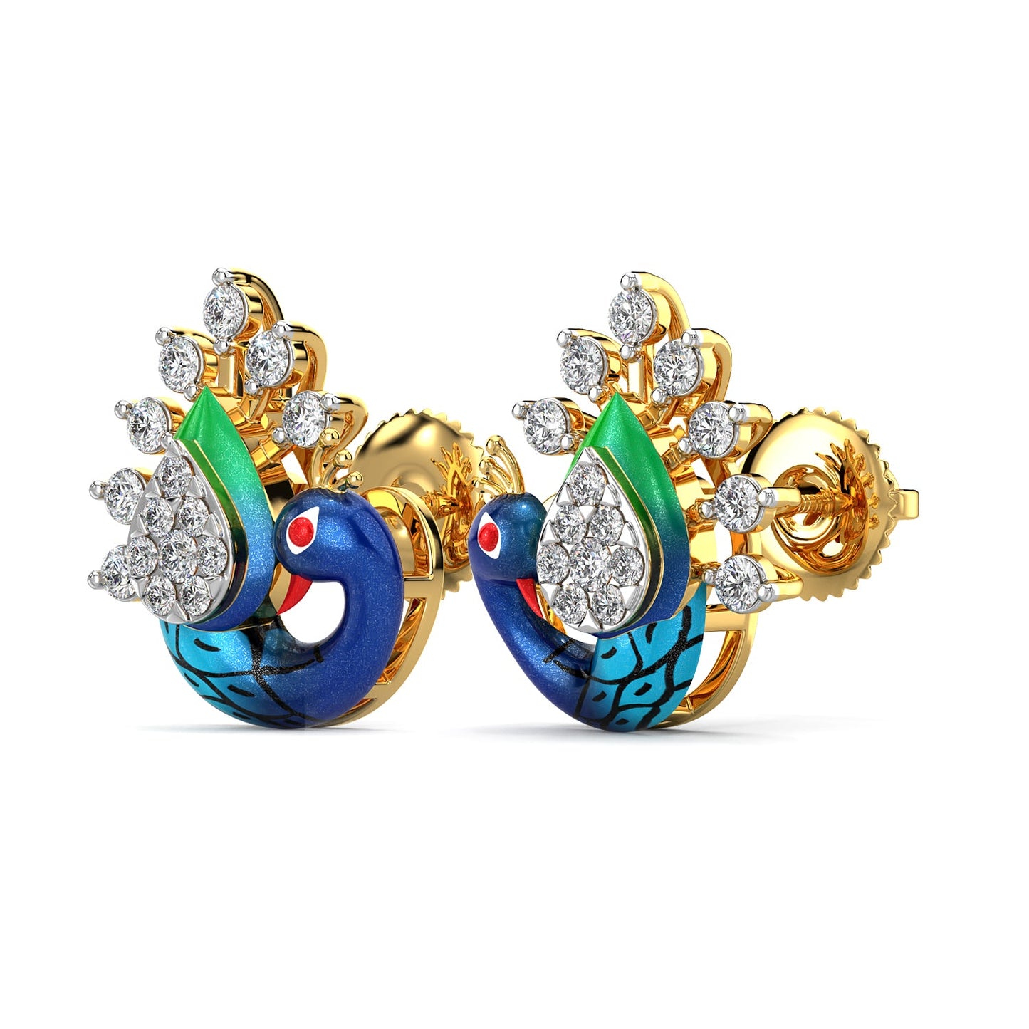 Fancy Feather Peacock Earrings-Yellow Gold