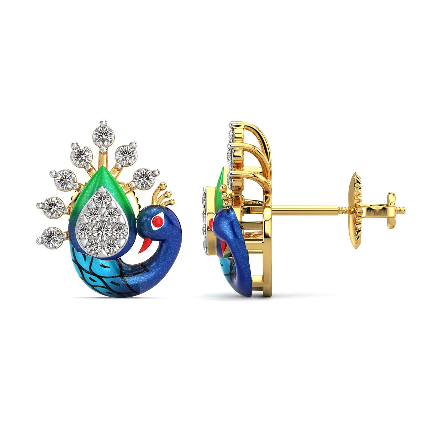 Fancy Feather Peacock Earrings-Yellow Gold