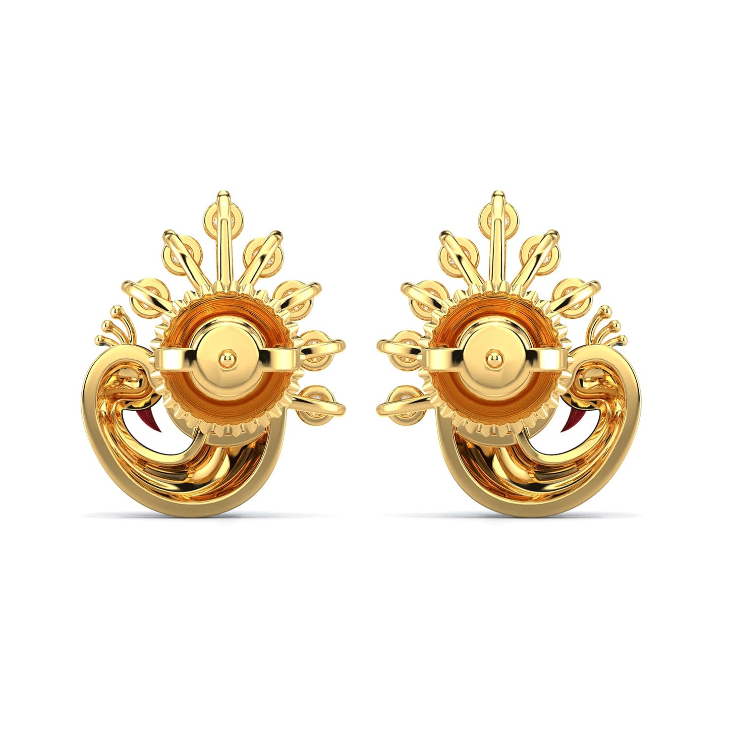 Fancy Feather Peacock Earrings-Yellow Gold