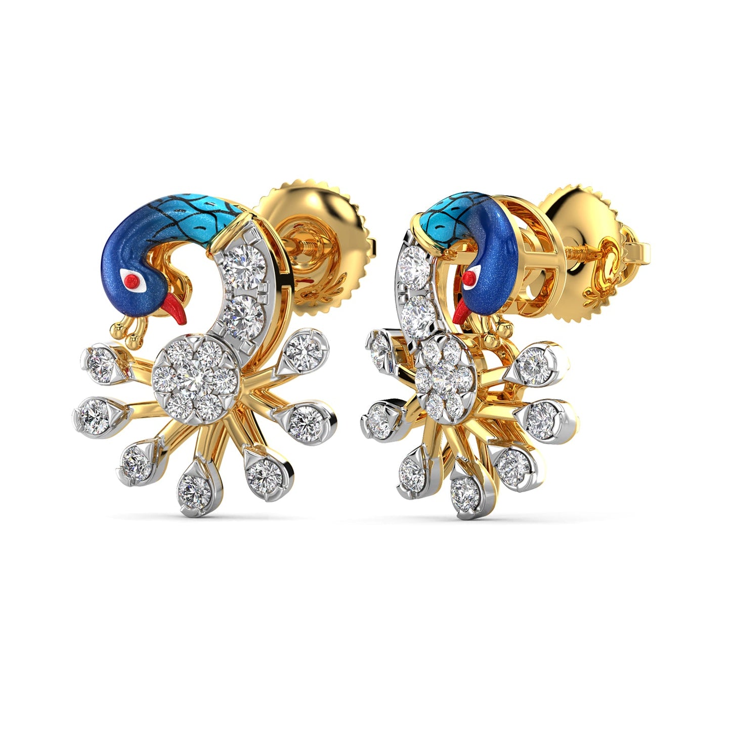 Fantasy Peacock Earrings-Yellow Gold