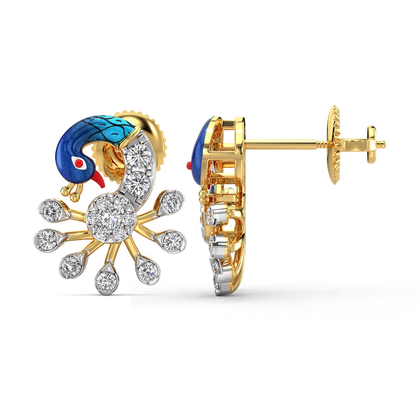Fantasy Peacock Earrings-Yellow Gold