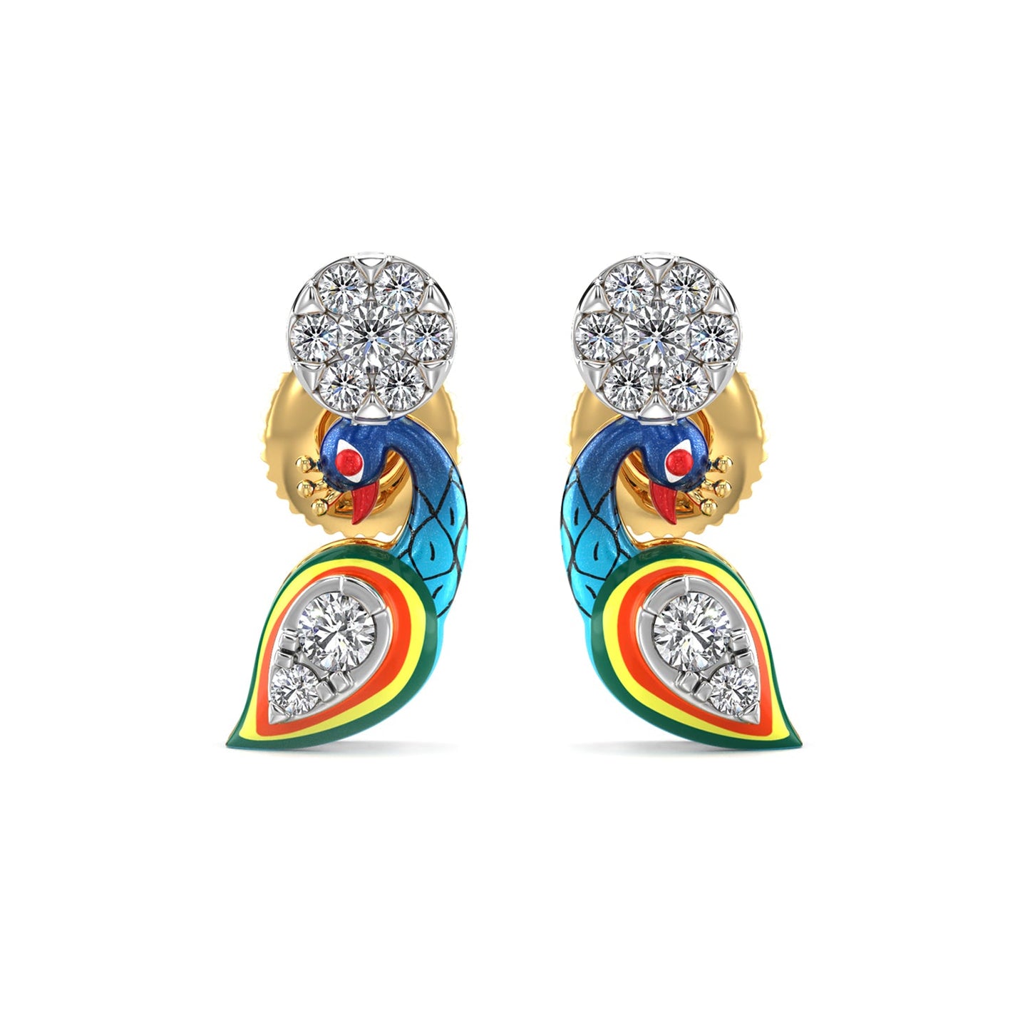 Playful Peacock Earrings-Yellow Gold