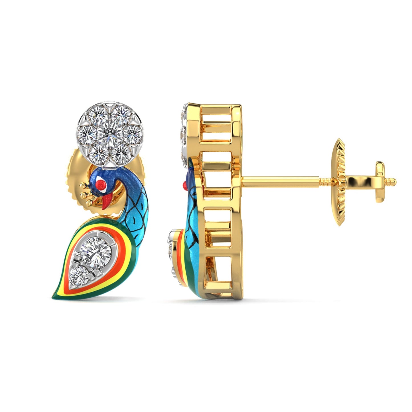 Playful Peacock Earrings-Yellow Gold