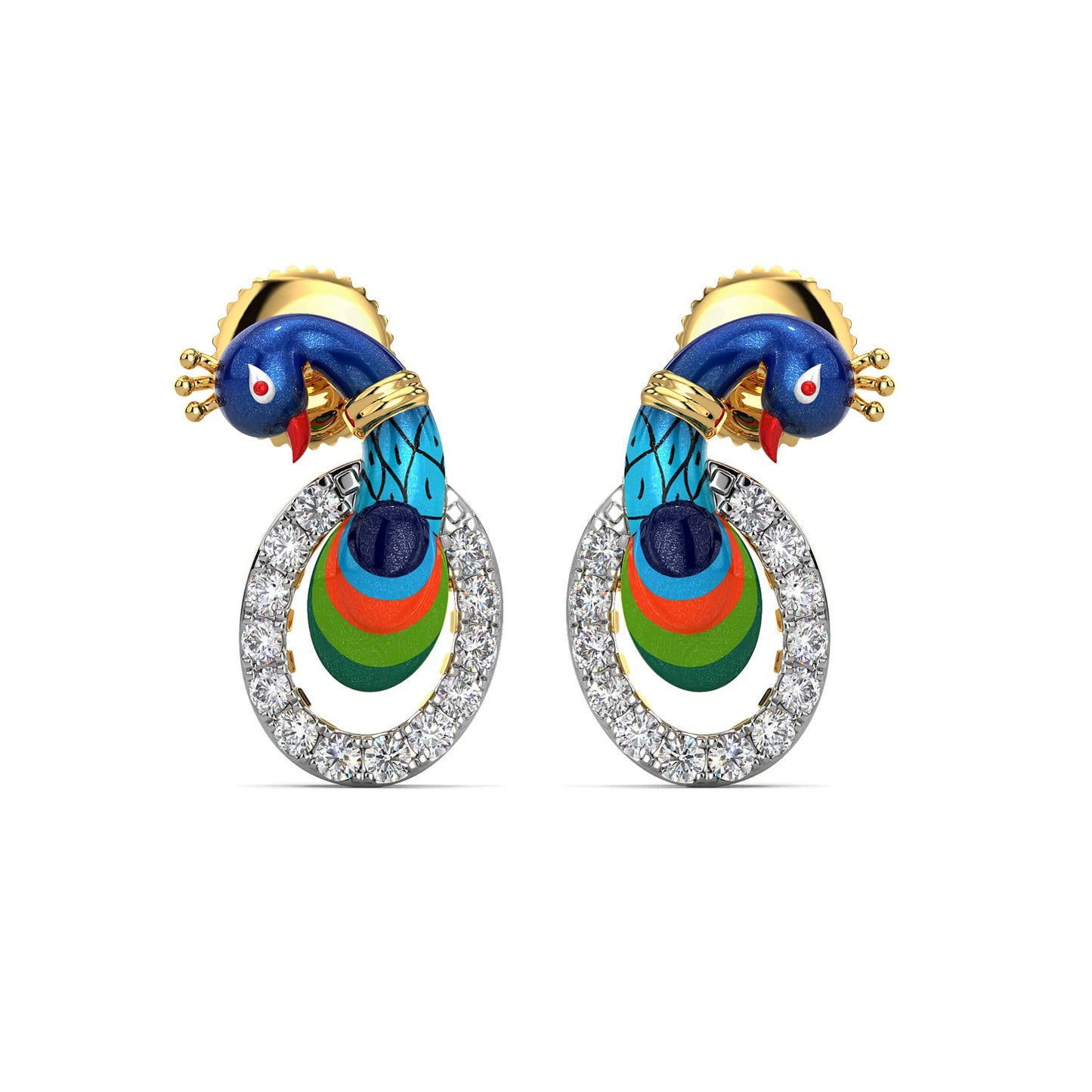 Singing Peacock Earrings-Yellow Gold