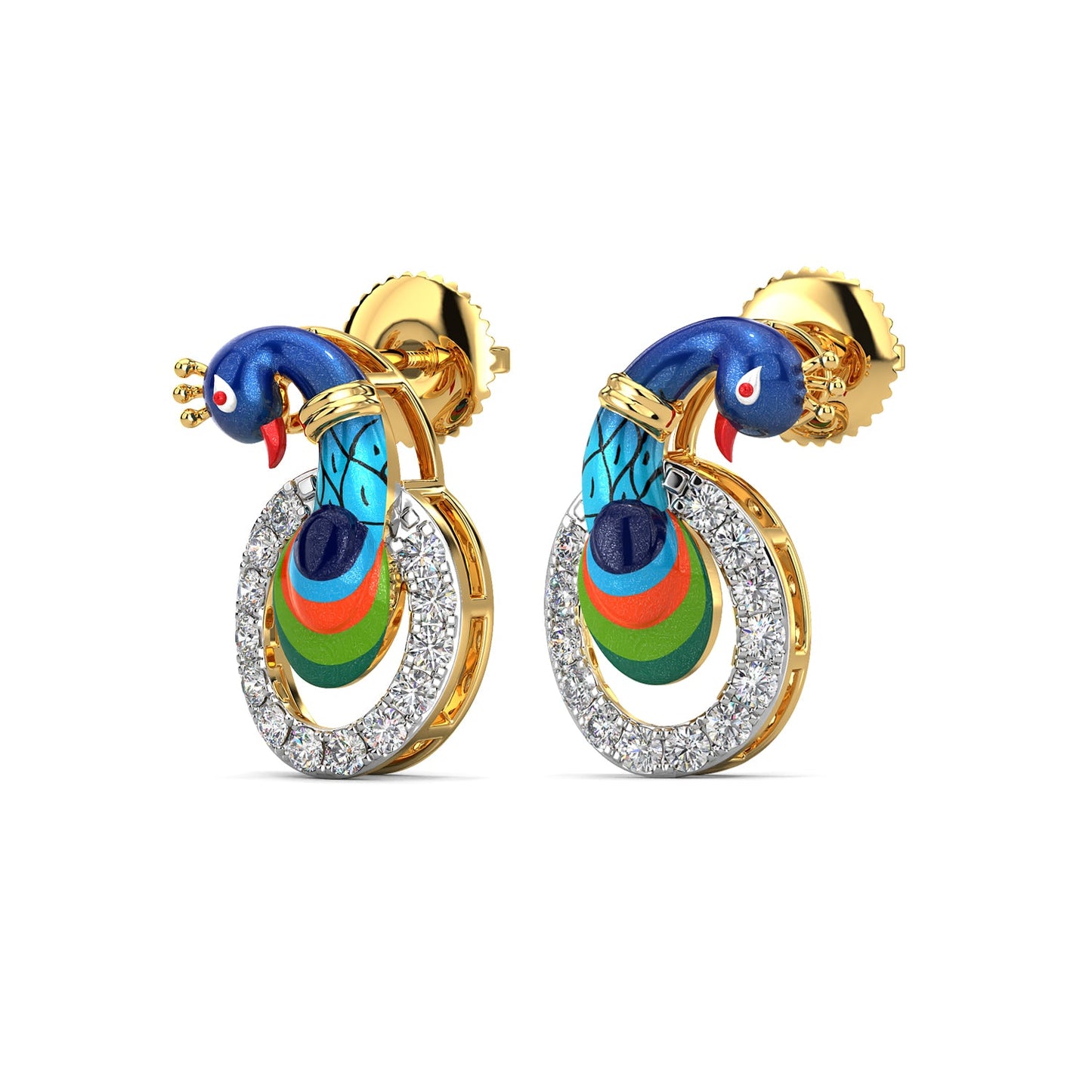 Singing Peacock Earrings-Yellow Gold