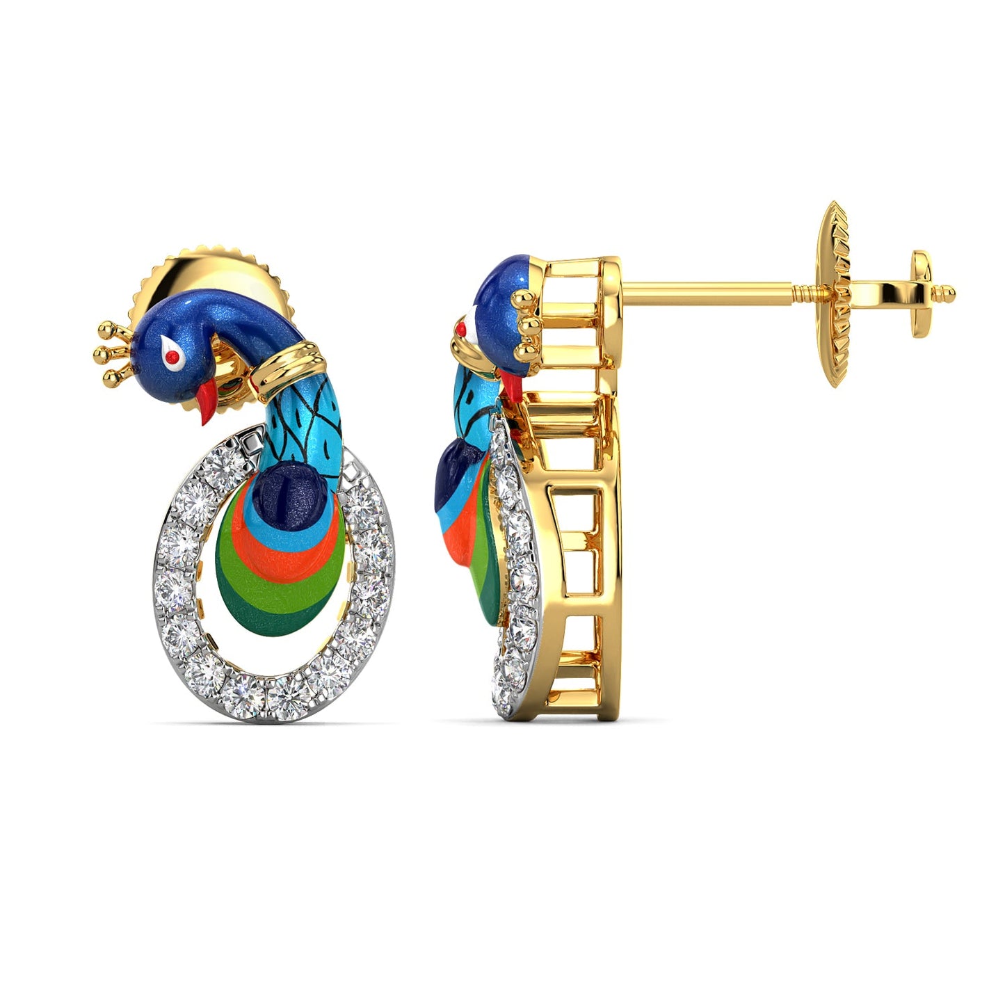 Singing Peacock Earrings-Yellow Gold