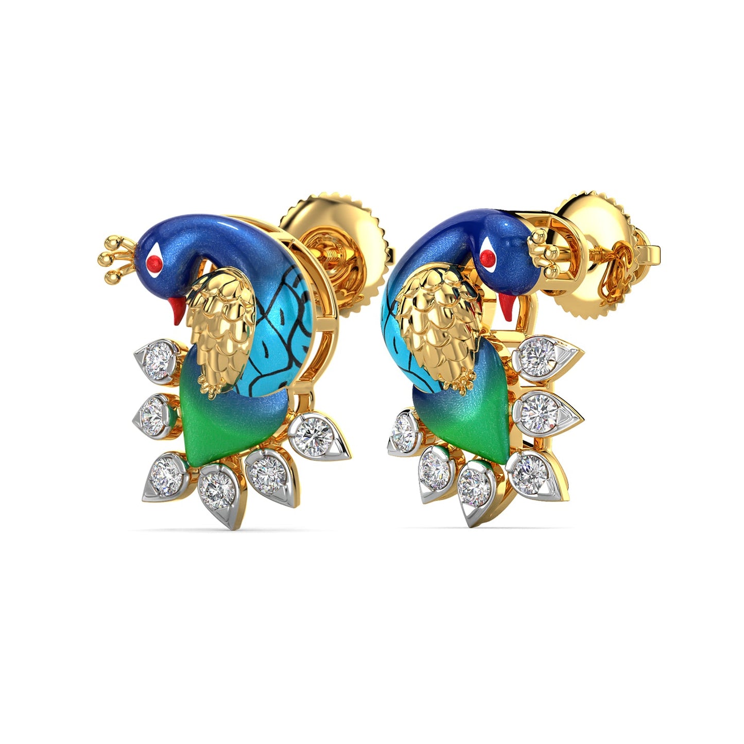 Whistling Peacock Earrings-Yellow Gold
