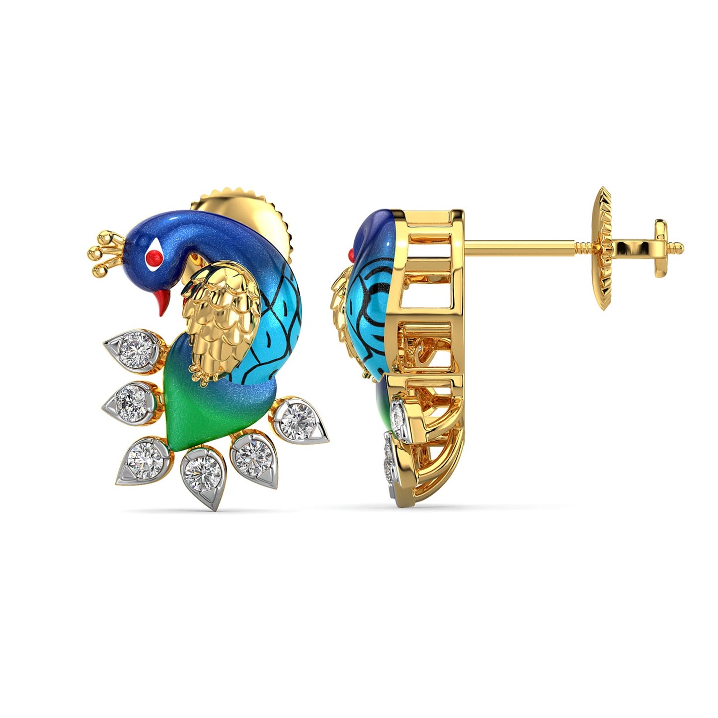 Whistling Peacock Earrings-Yellow Gold