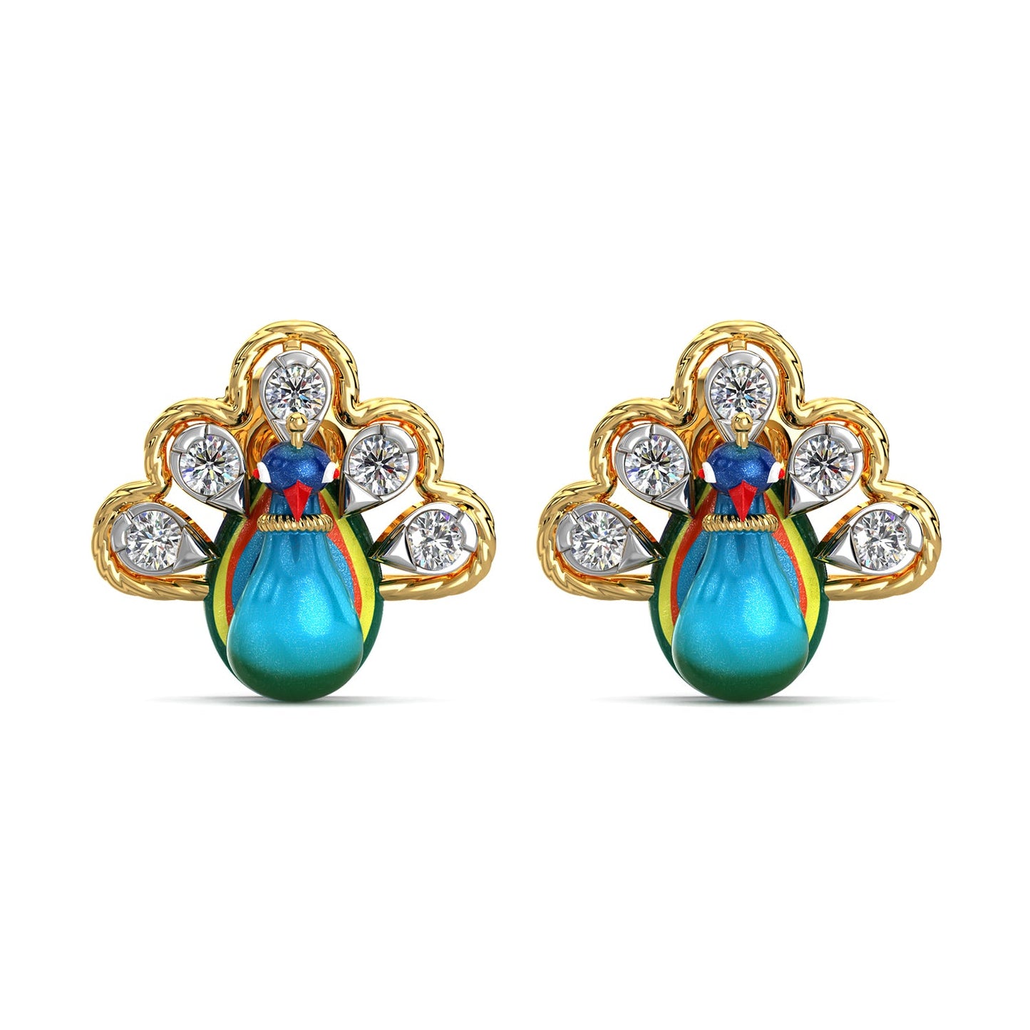 Sparkling Feather Peacock Earrings-Yellow Gold