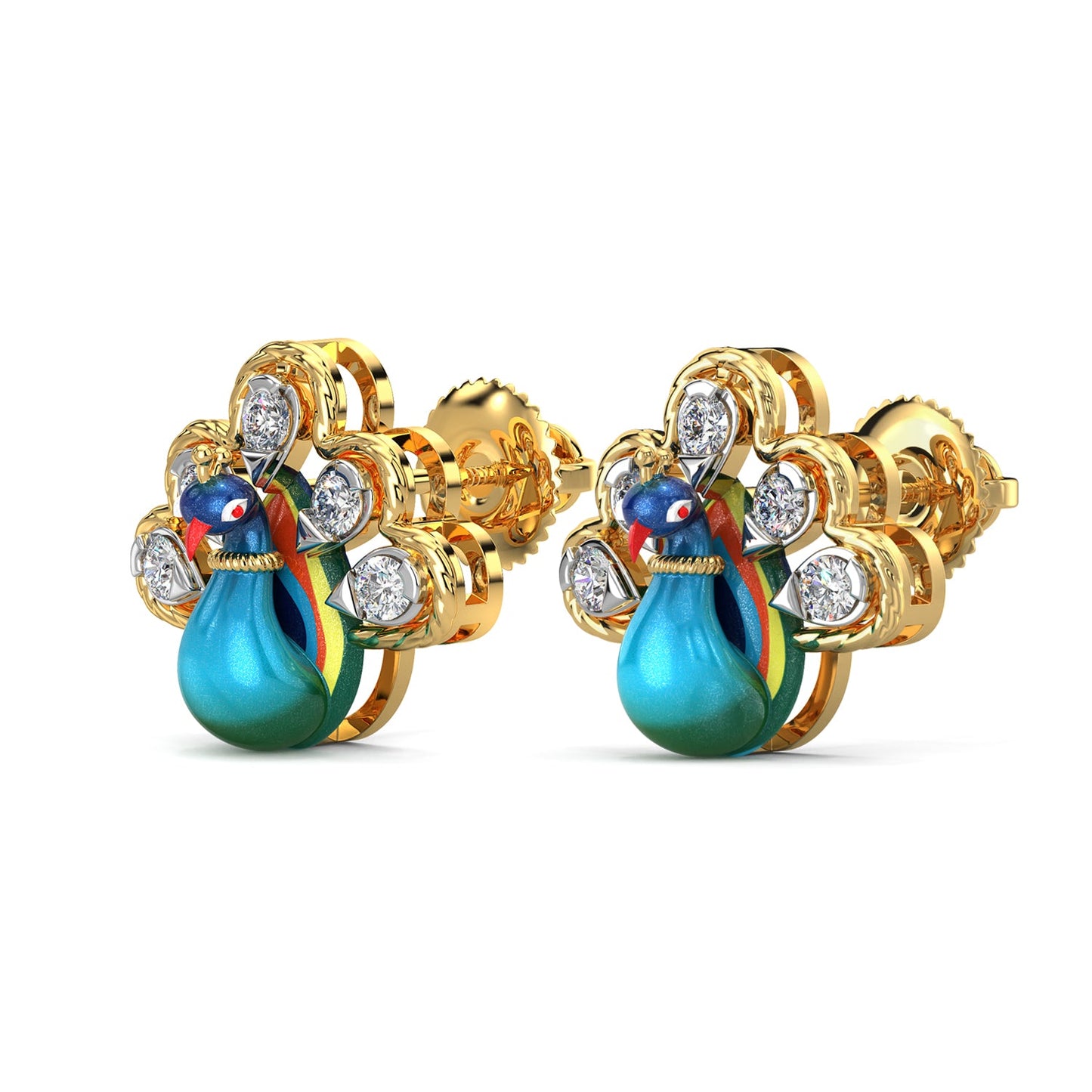 Sparkling Feather Peacock Earrings-Yellow Gold