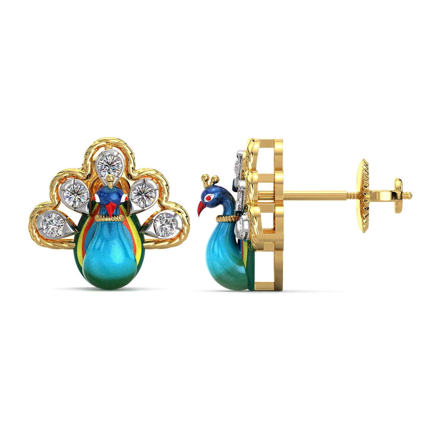 Sparkling Feather Peacock Earrings-Yellow Gold