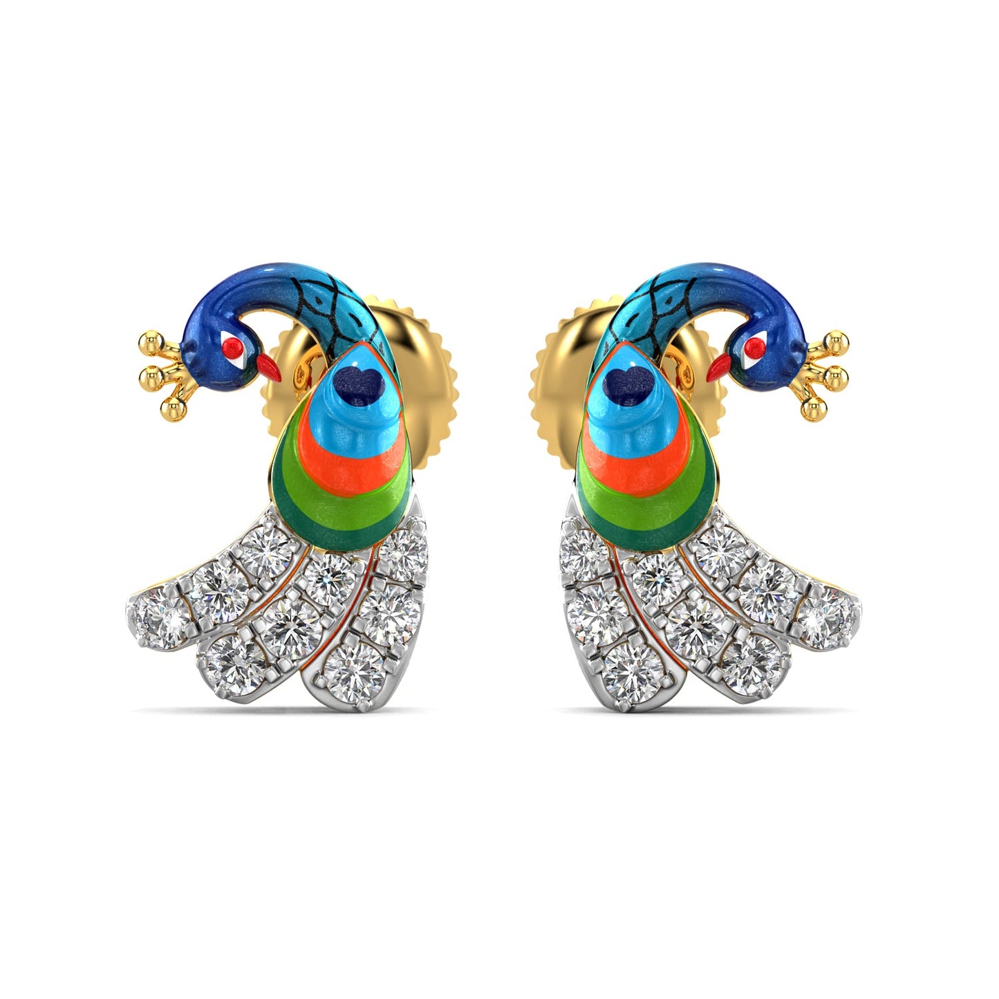 Vibrant Peacock Earrings-Yellow Gold