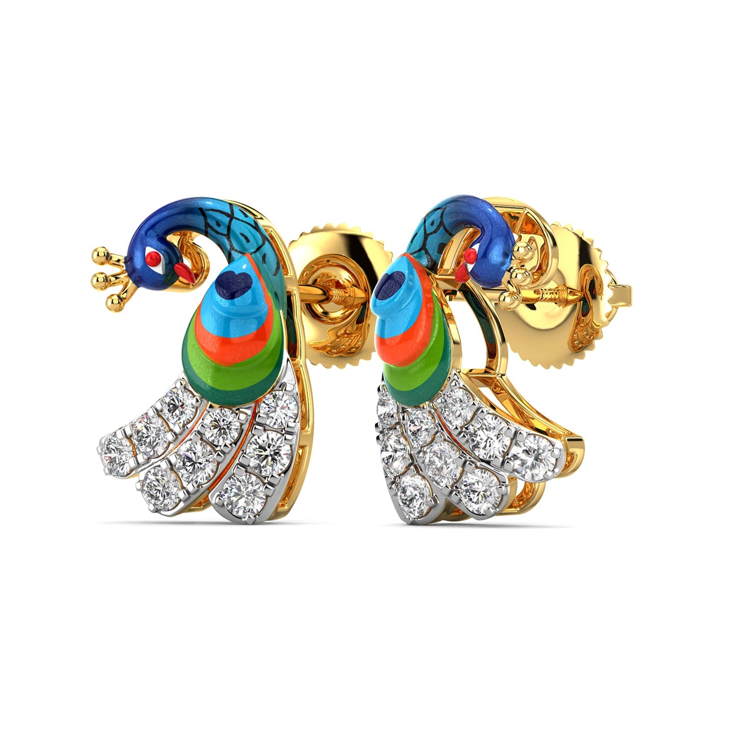Vibrant Peacock Earrings-Yellow Gold
