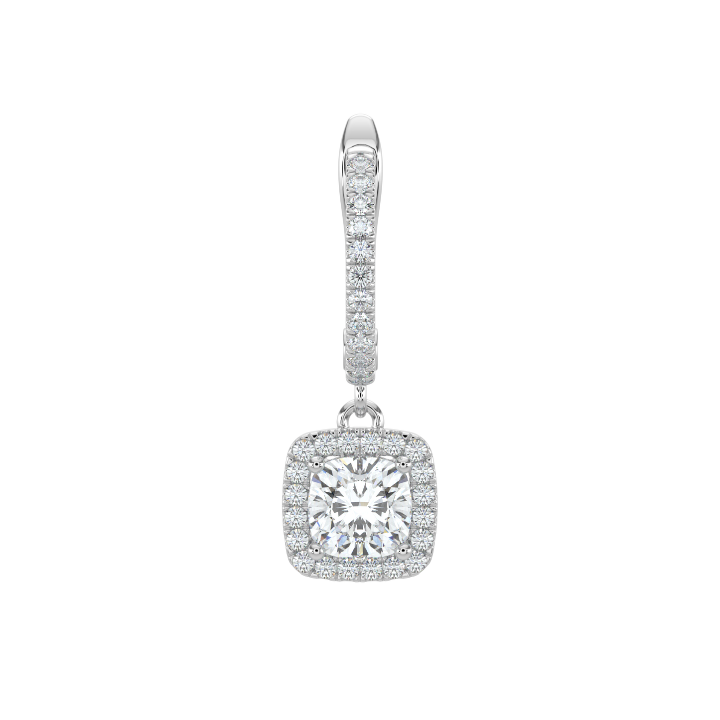 Cushion Halo Solitaire Dangle Earrings-White Gold