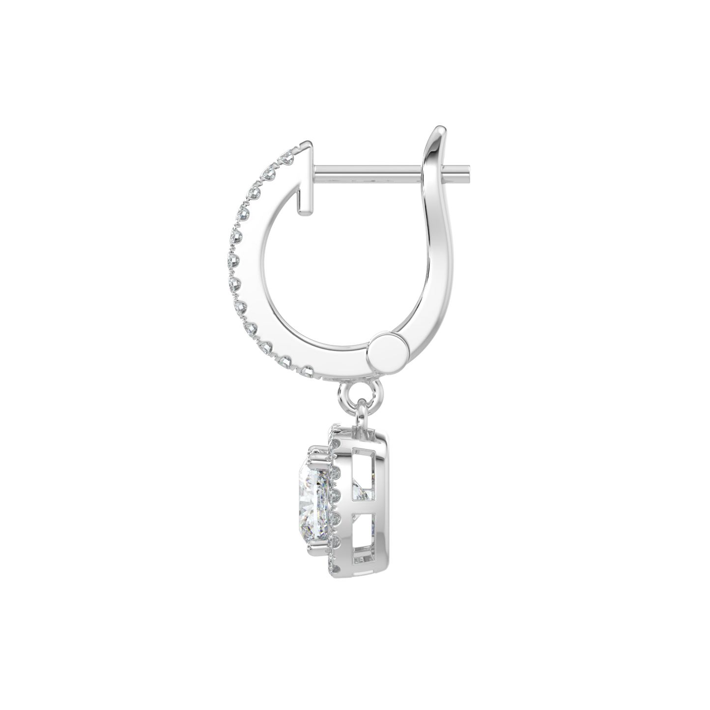 Cushion Halo Solitaire Dangle Earrings-White Gold