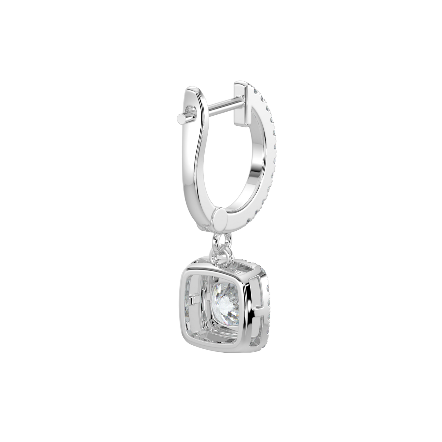 Cushion Halo Solitaire Dangle Earrings-White Gold