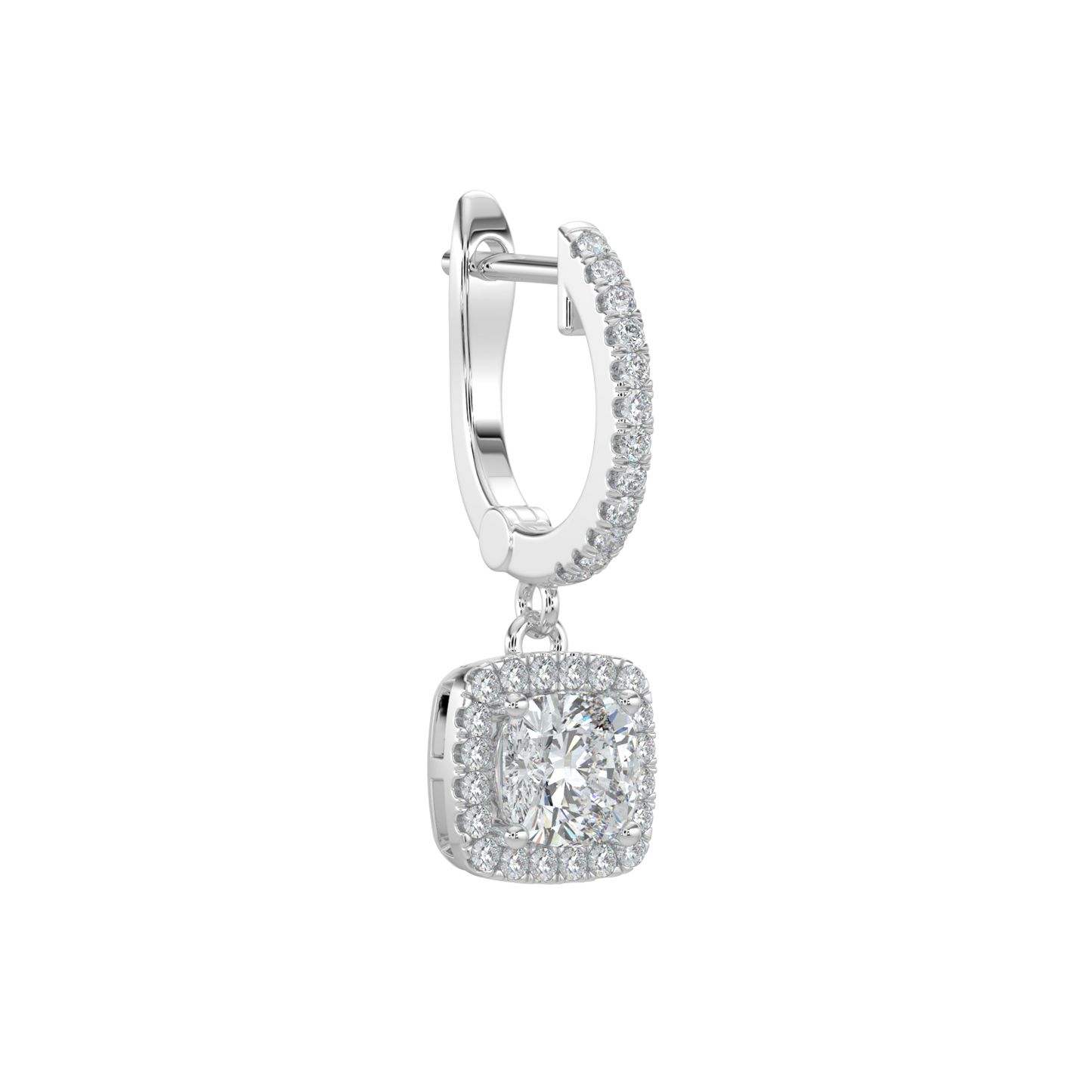 Cushion Halo Solitaire Dangle Earrings-White Gold