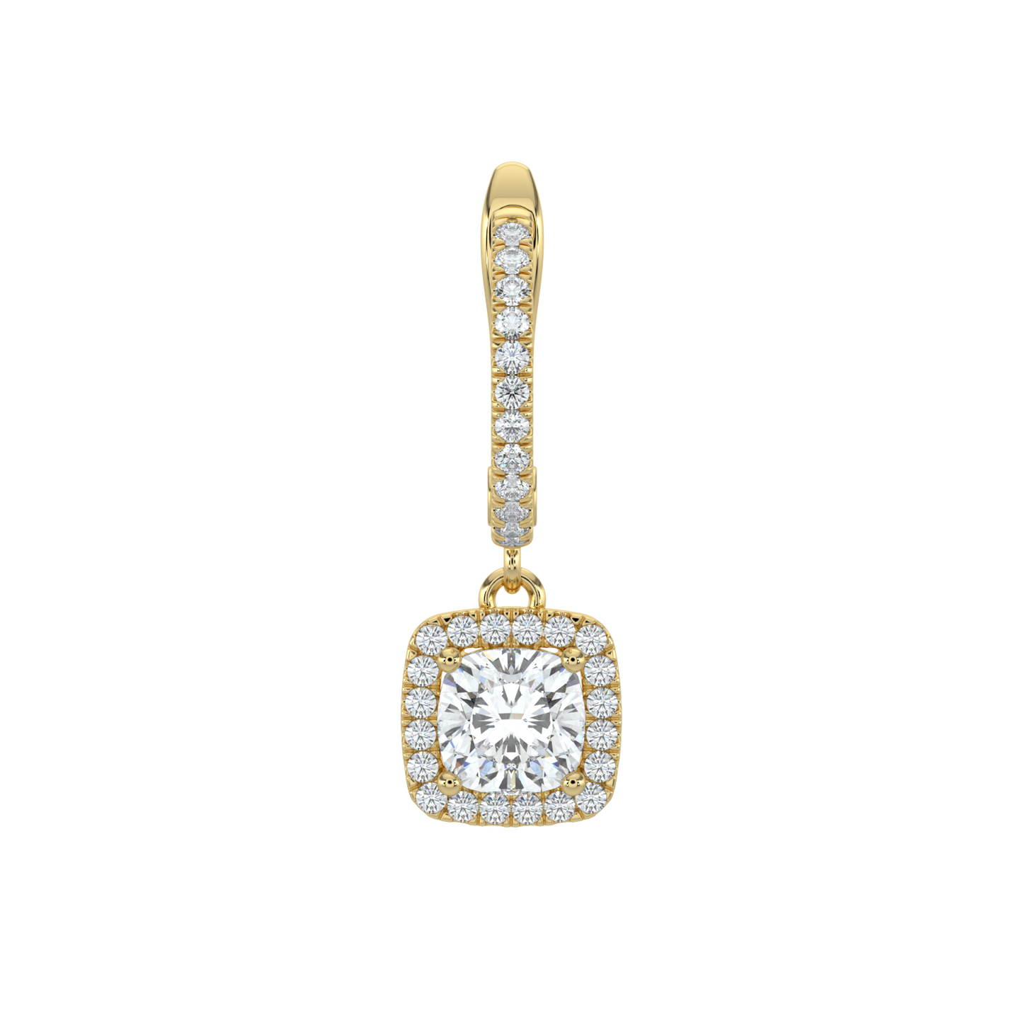 Cushion Halo Solitaire Dangle Earrings-Yellow Gold