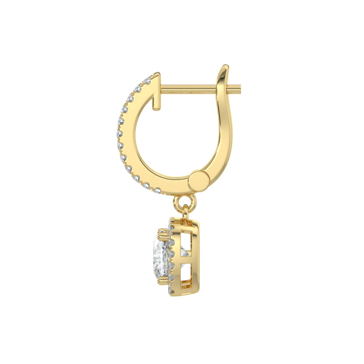 Cushion Halo Solitaire Dangle Earrings-Yellow Gold