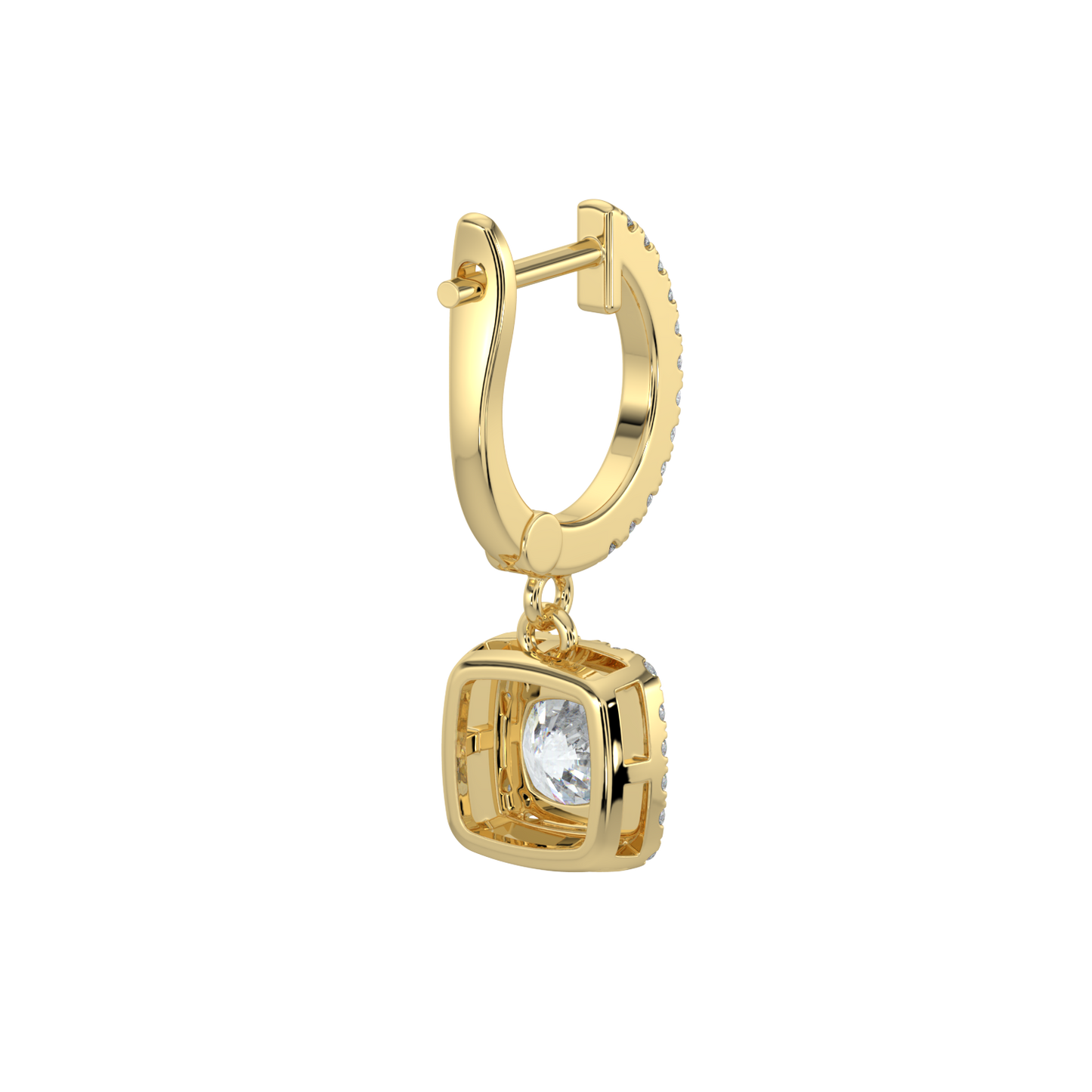 Cushion Halo Solitaire Dangle Earrings-Yellow Gold