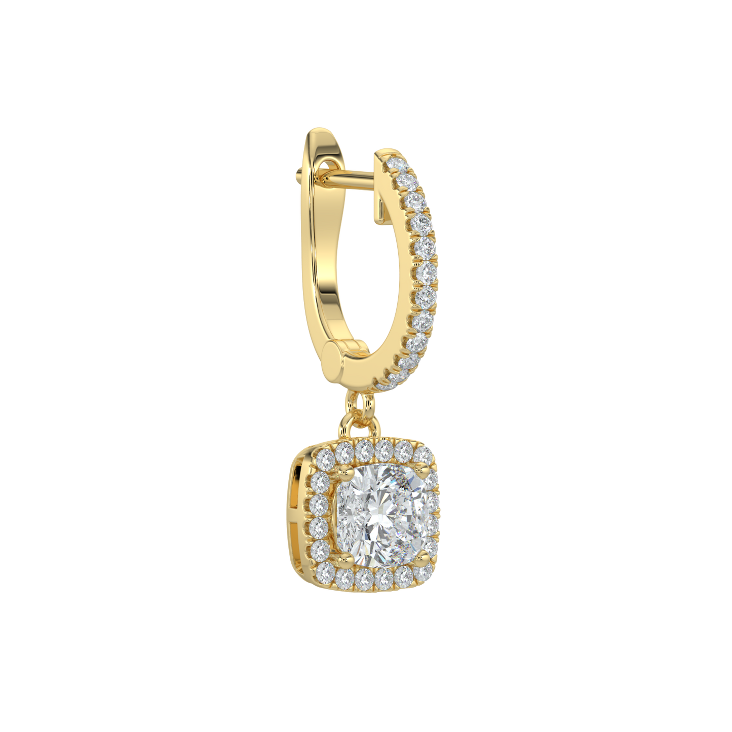 Cushion Halo Solitaire Dangle Earrings-Yellow Gold