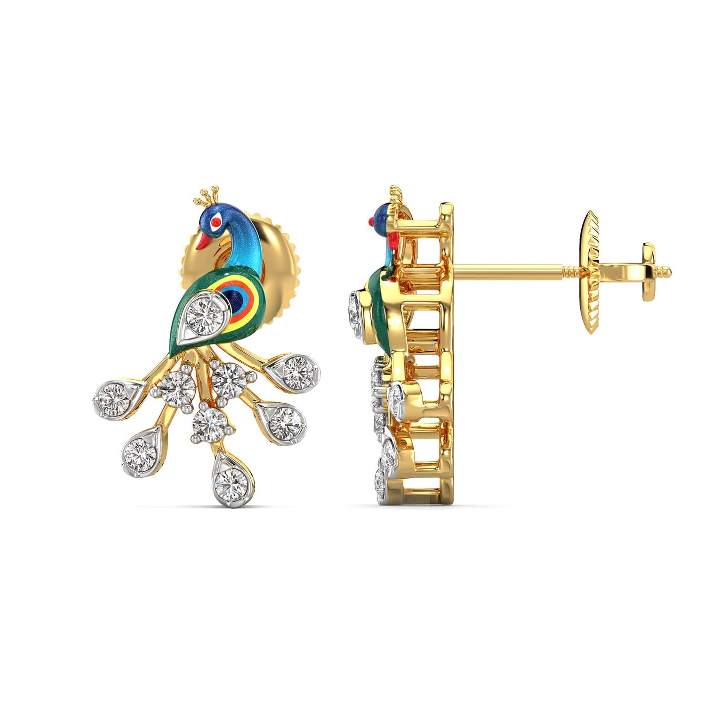 Splendid Peacock Earrings-Yellow Gold