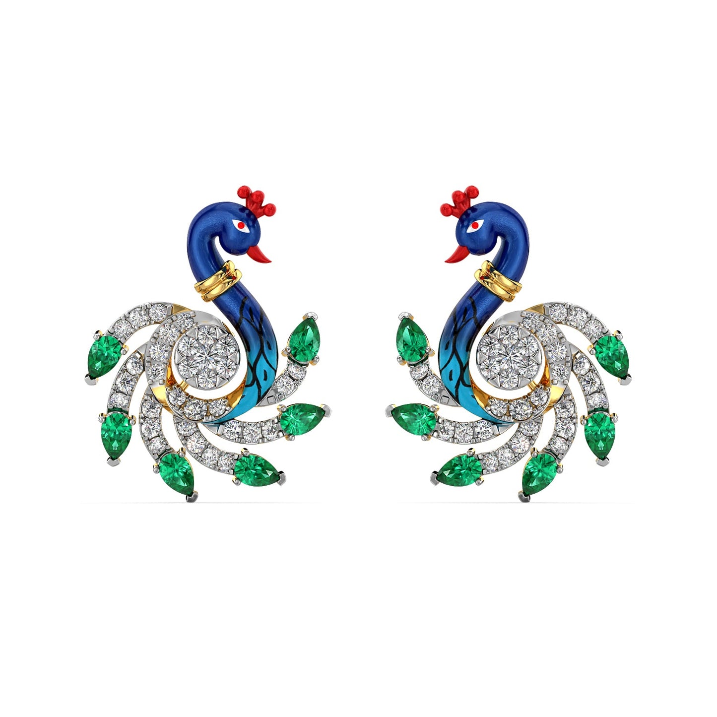 Emerald Crested Peacock Earrings-Yellow Gold