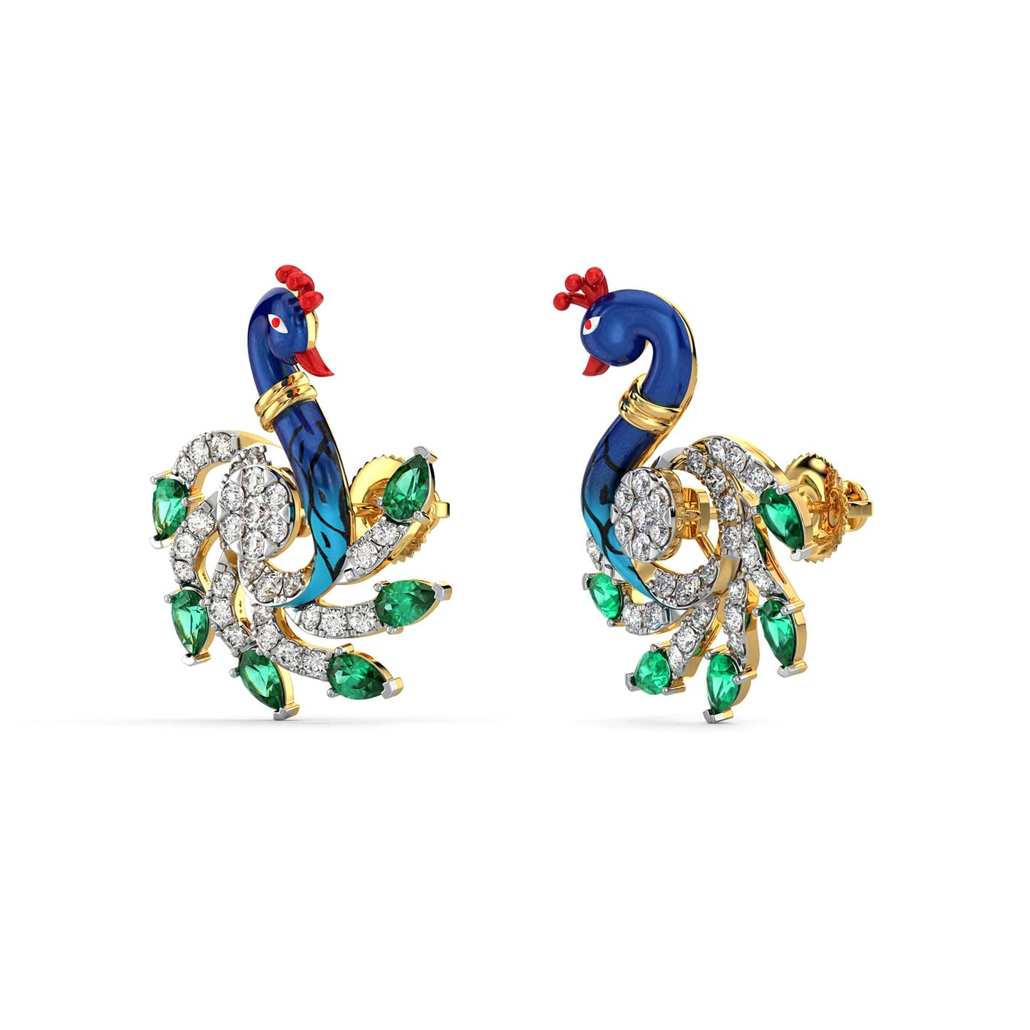Emerald Crested Peacock Earrings-Yellow Gold