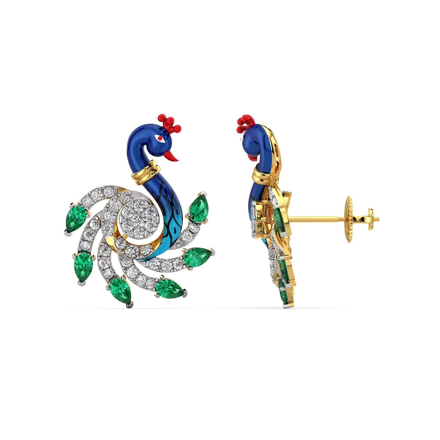 Emerald Crested Peacock Earrings-Yellow Gold