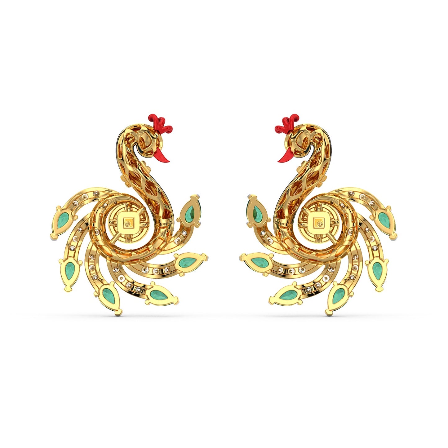 Emerald Crested Peacock Earrings-Yellow Gold