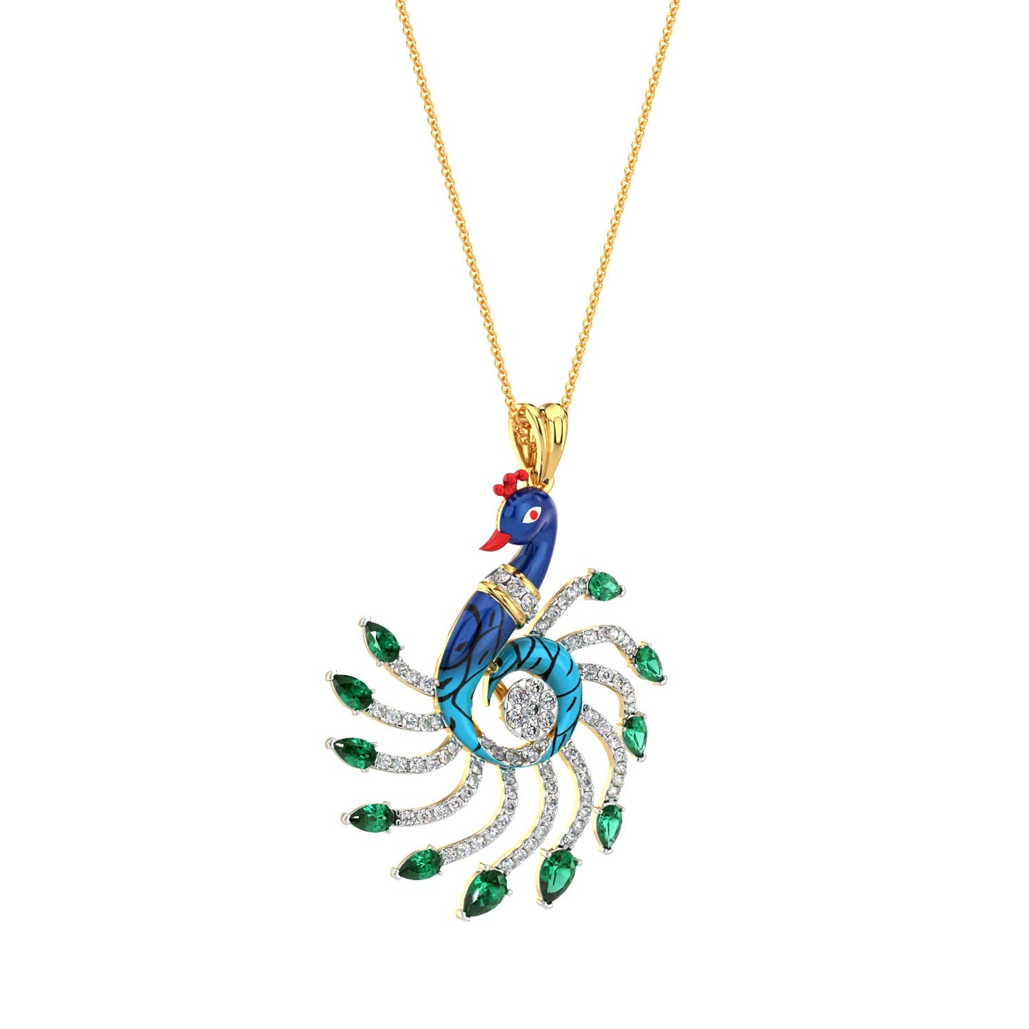 Emerald Crested Peacock Pendant-Yellow Gold