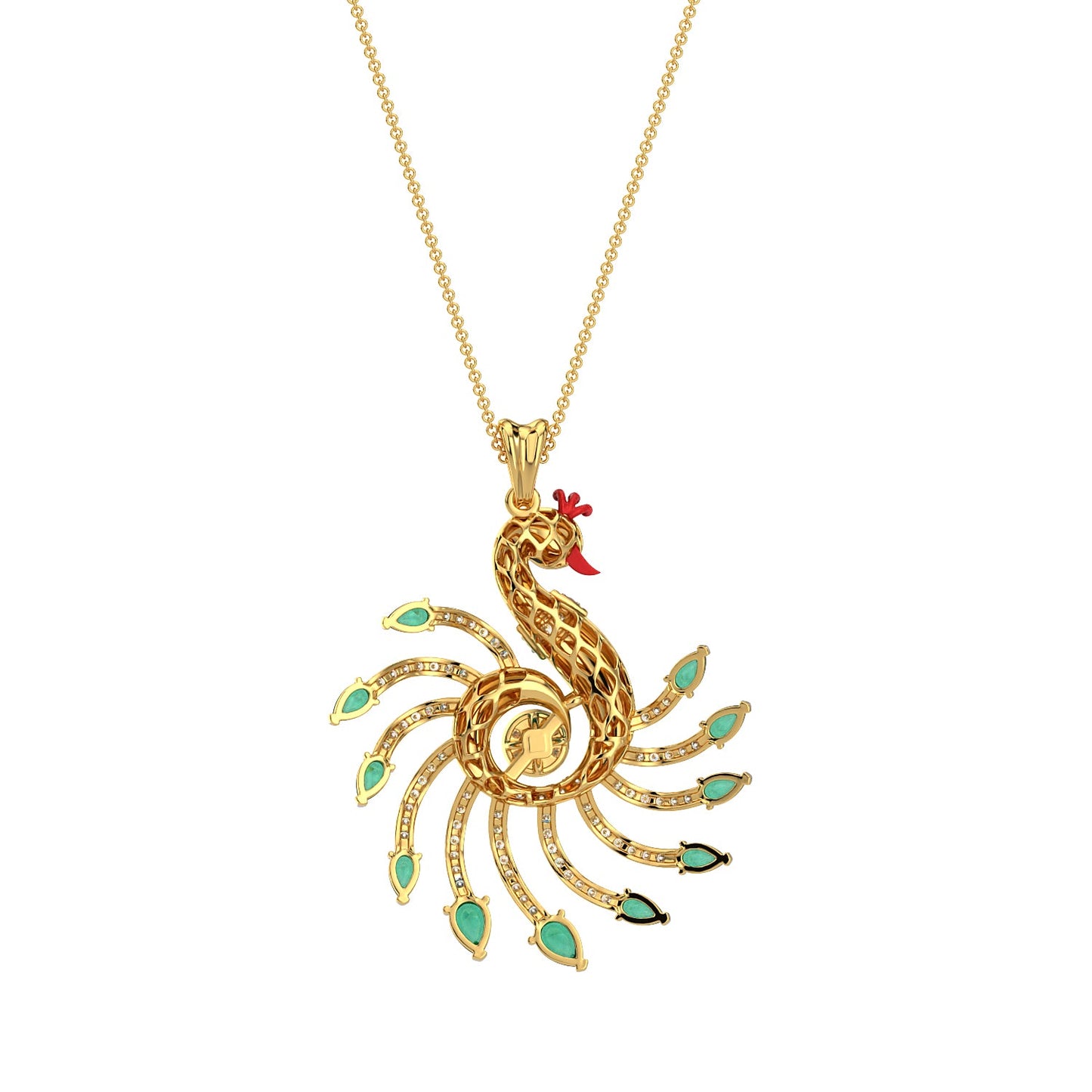 Emerald Crested Peacock Pendant-Yellow Gold
