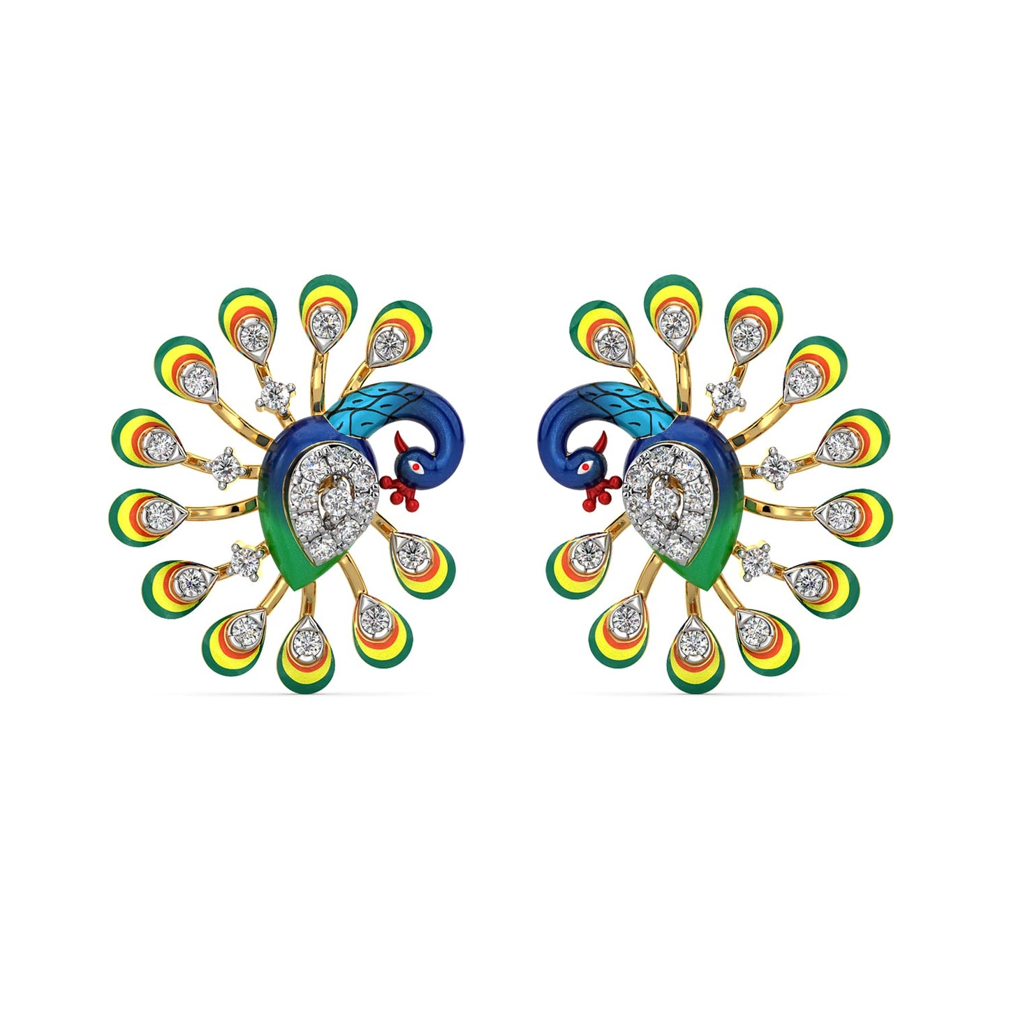 Royal Feather Peacock Earrings-Yellow Gold