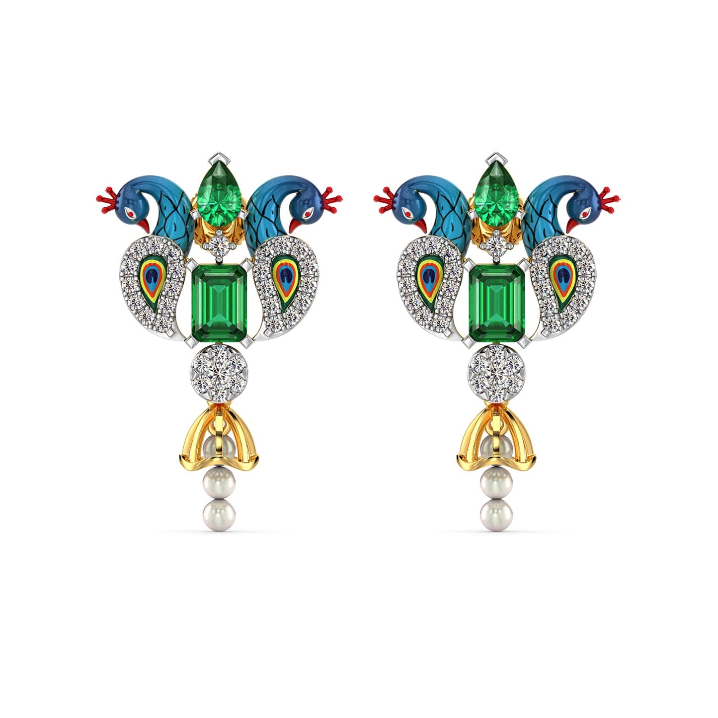 Radiant Peacock Gemstone Earrings-Yellow Gold