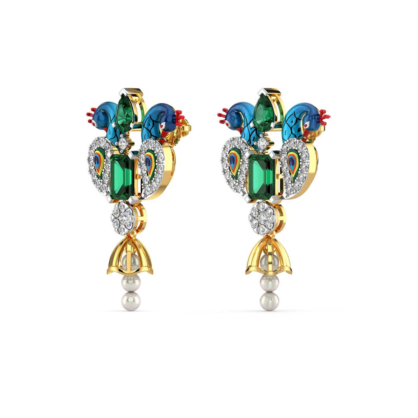 Radiant Peacock Gemstone Earrings-Yellow Gold