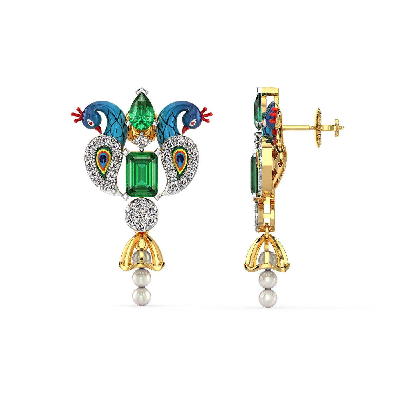 Radiant Peacock Gemstone Earrings-Yellow Gold