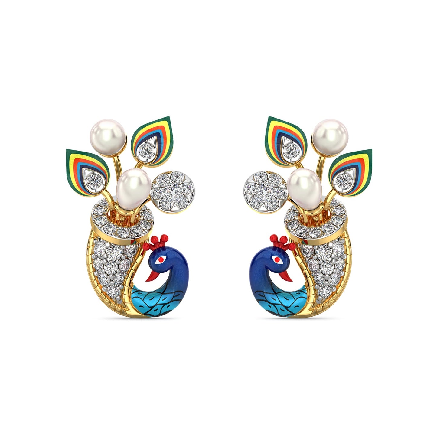 Azure Peacock Diamond Earrings-Yellow Gold