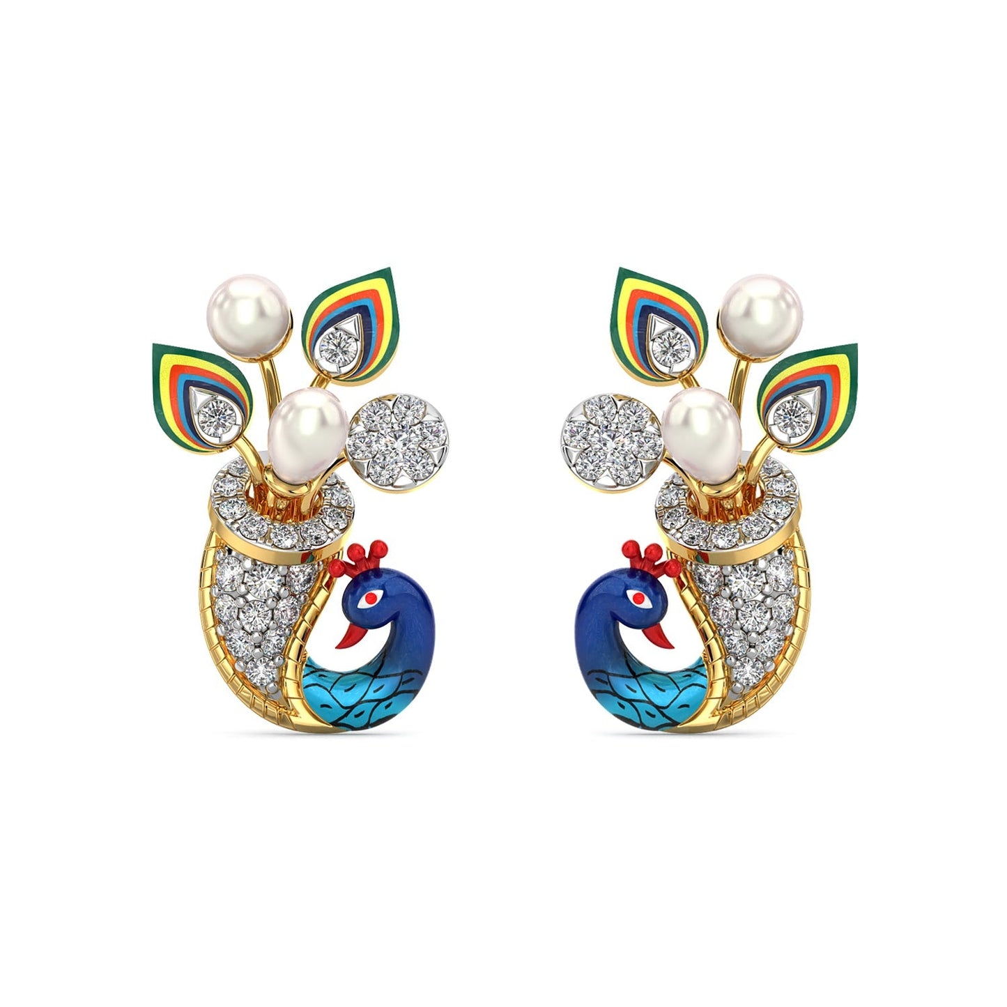 Azure Peacock Diamond Earrings-Yellow Gold