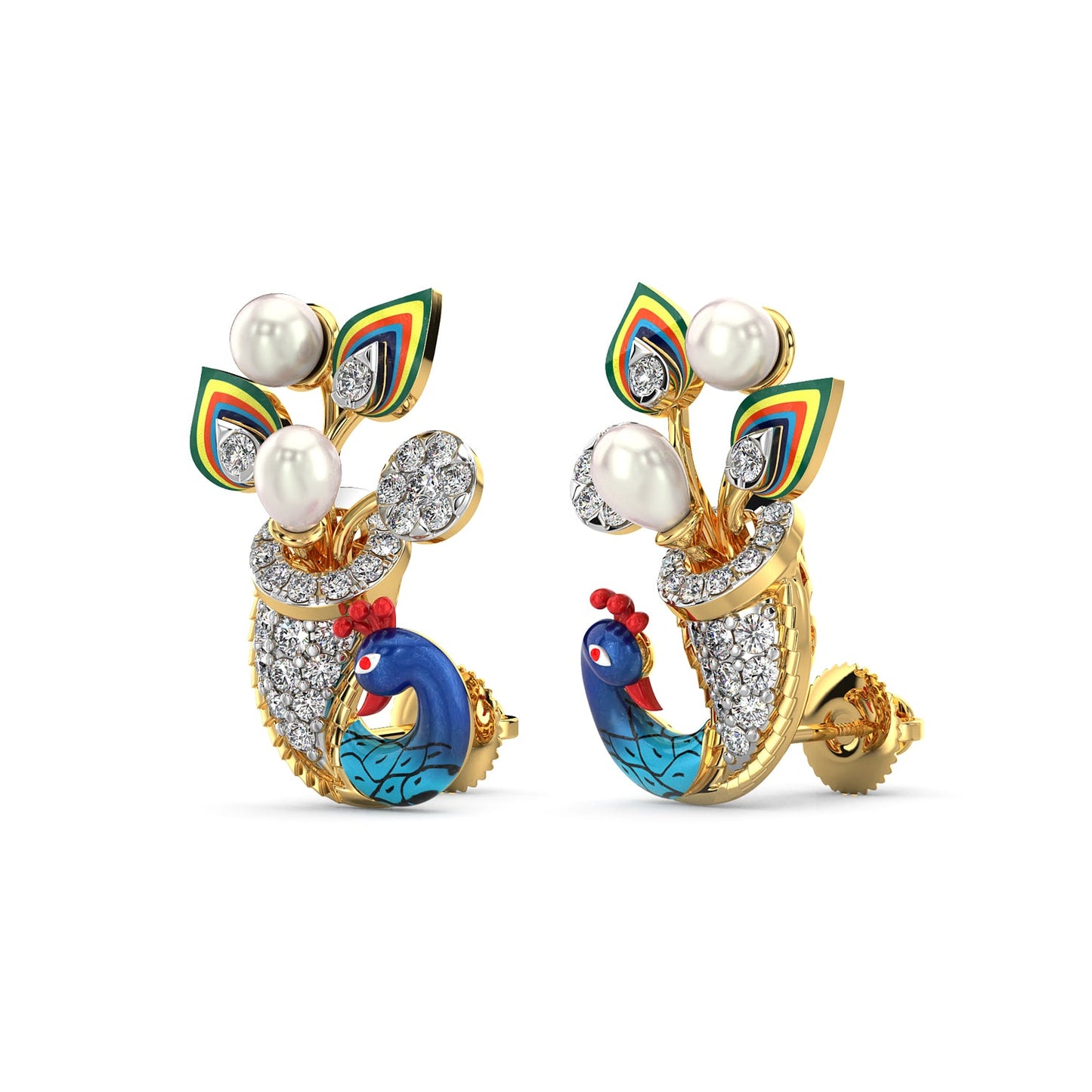 Azure Peacock Diamond Earrings-Yellow Gold