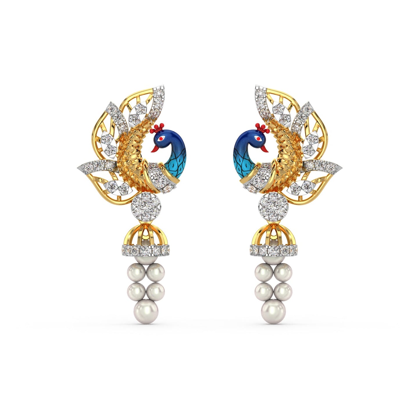 Dangling Pearl Peacock Earring-Yellow Gold