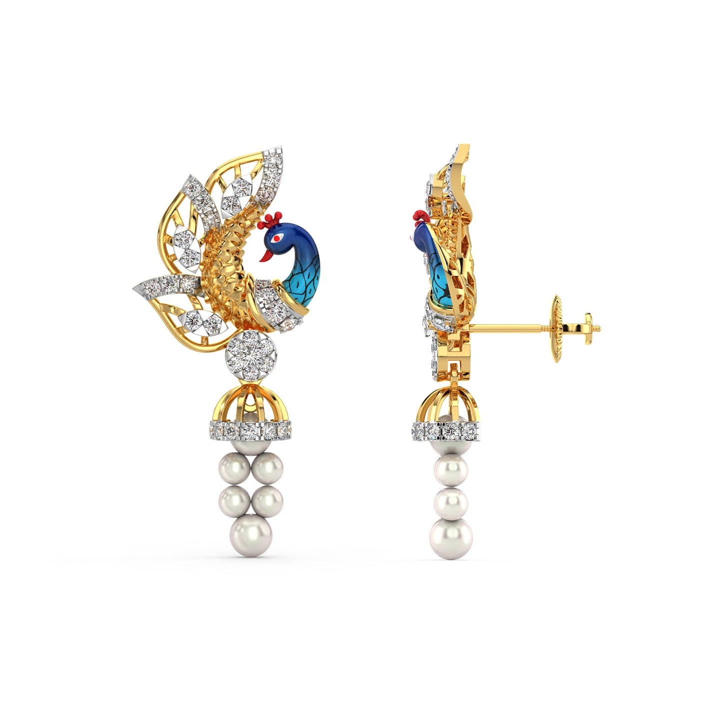 Dangling Pearl Peacock Earring-Yellow Gold