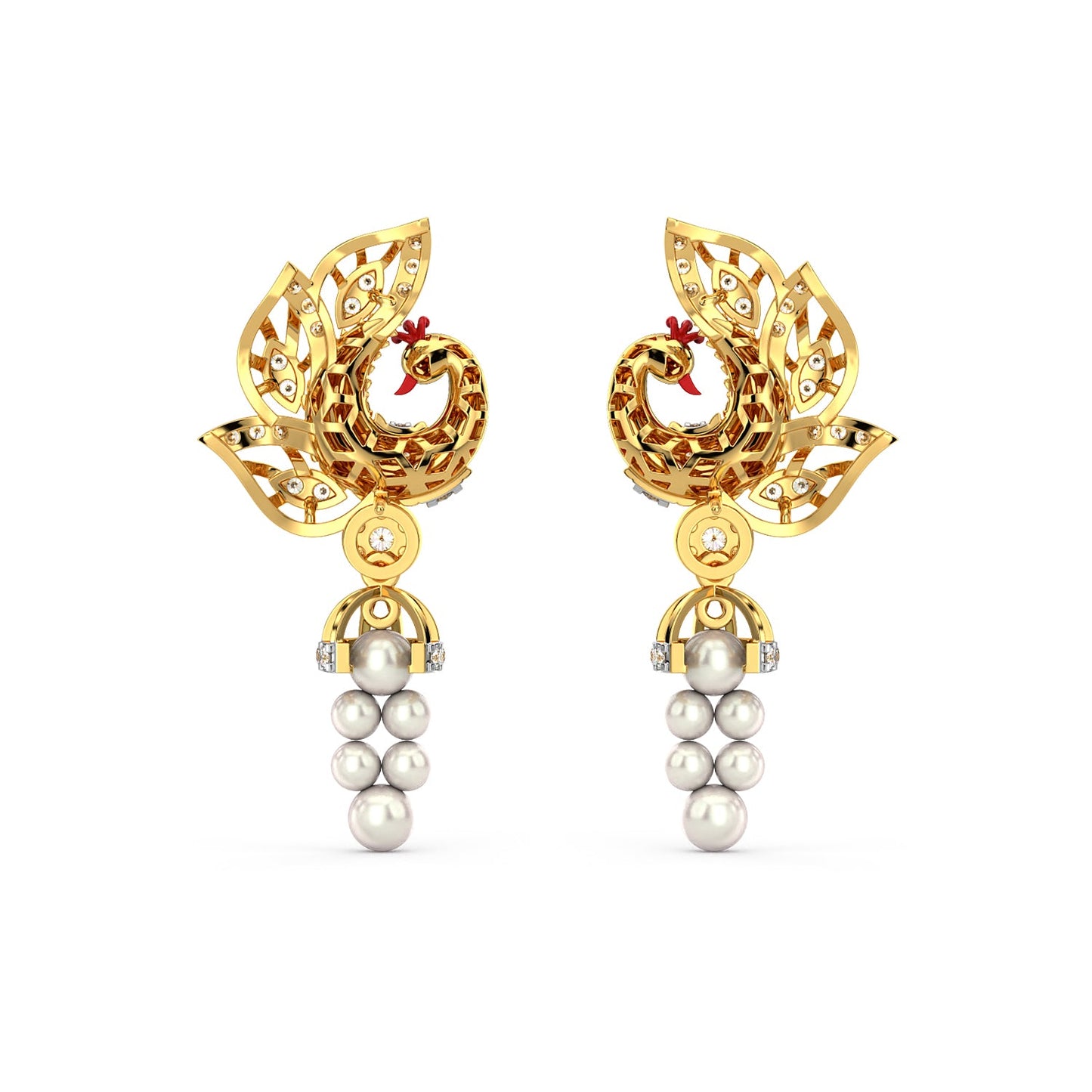 Dangling Pearl Peacock Earring-Yellow Gold
