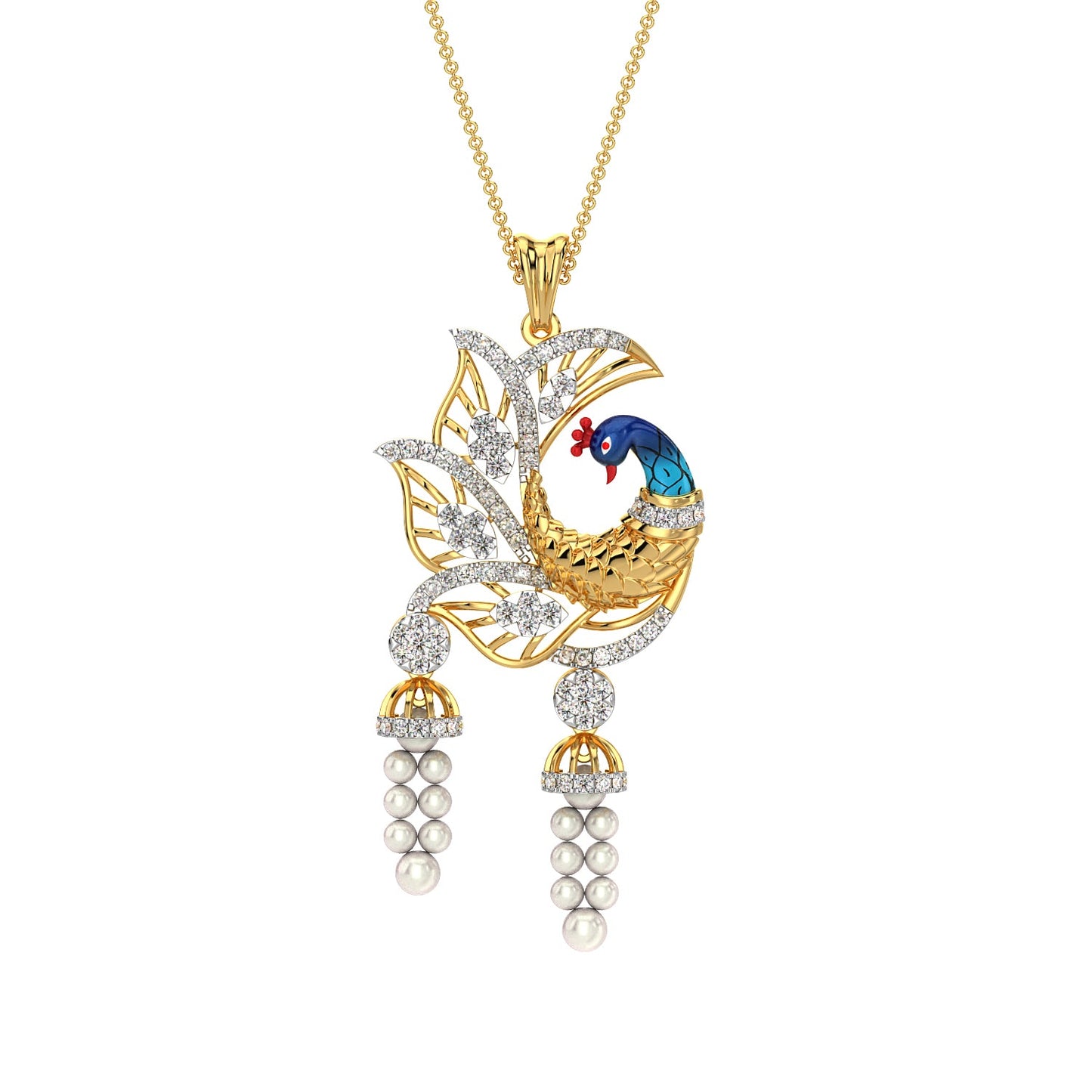 Dangling Pearl Peacock Pendant-Yellow Gold