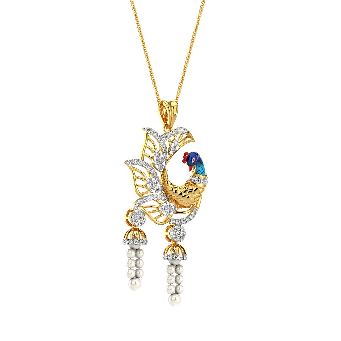 Dangling Pearl Peacock Pendant-Yellow Gold