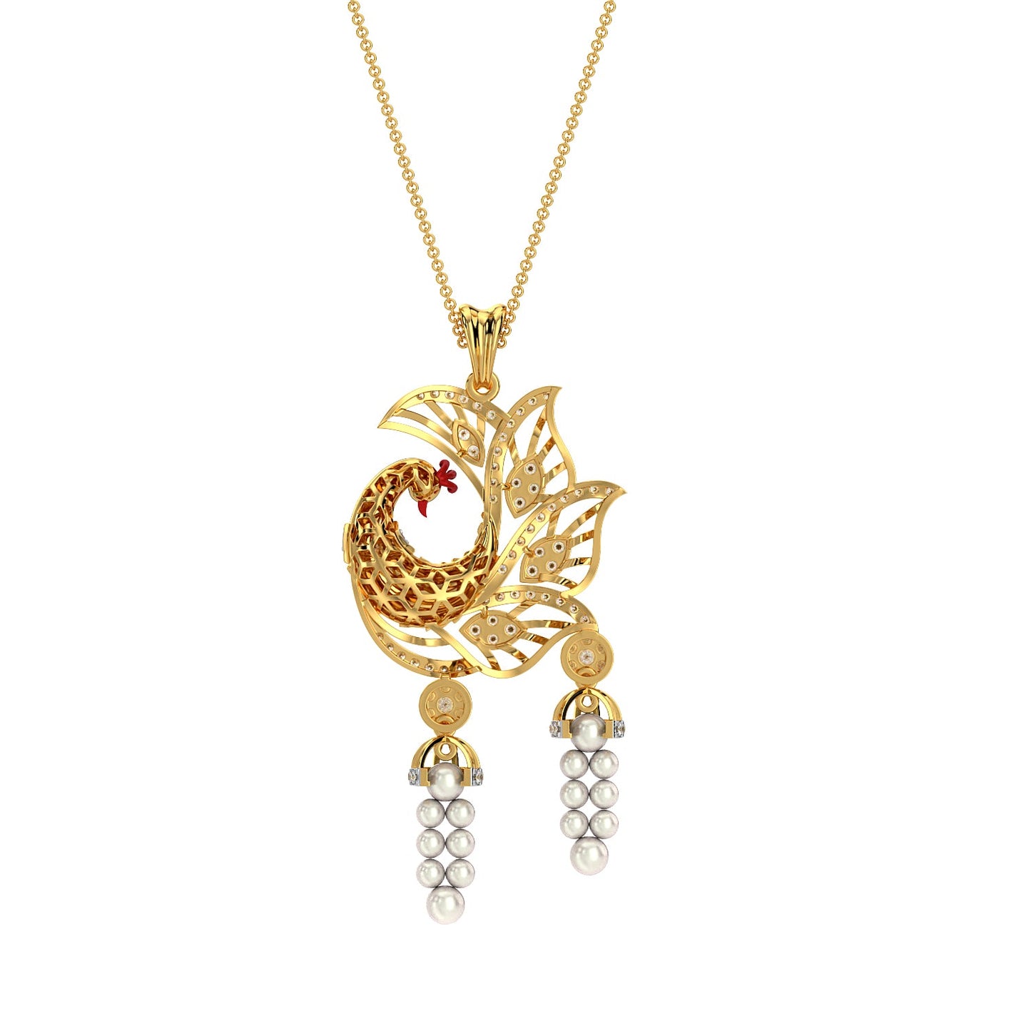 Dangling Pearl Peacock Pendant-Yellow Gold