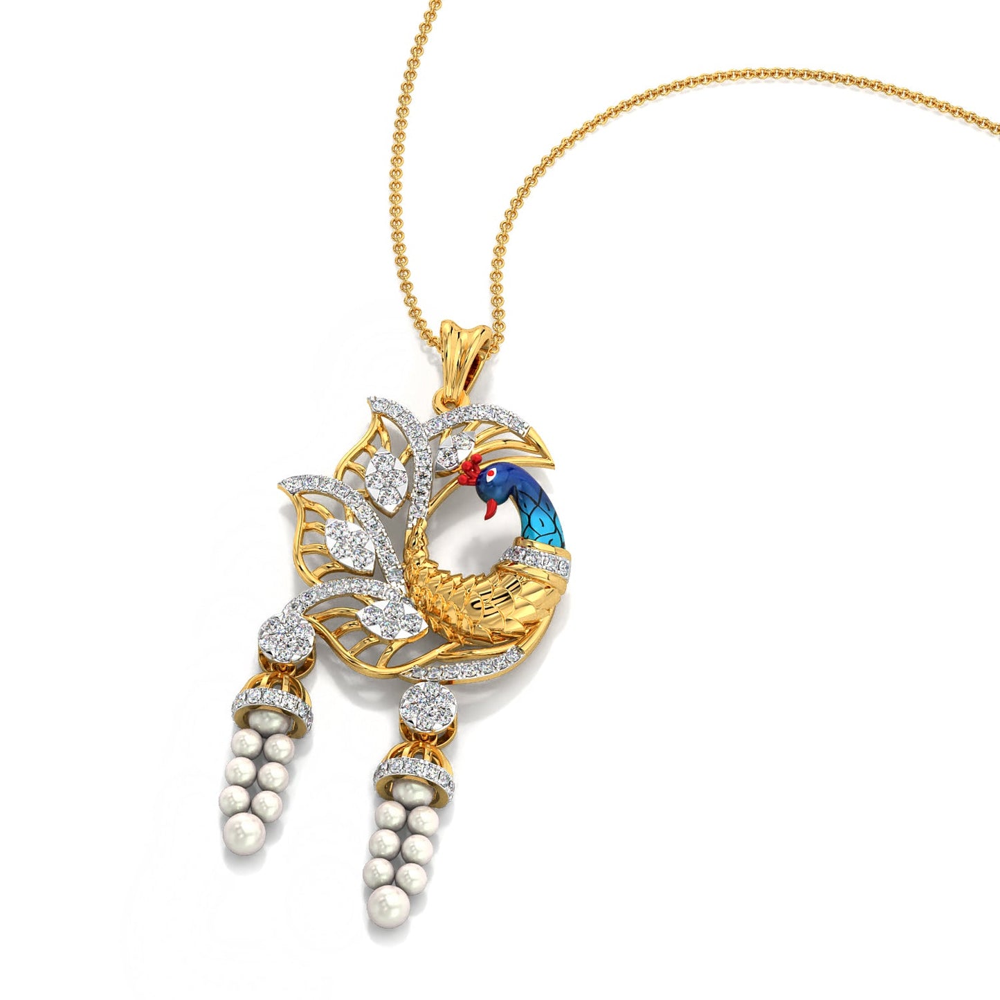 Dangling Pearl Peacock Pendant-Yellow Gold