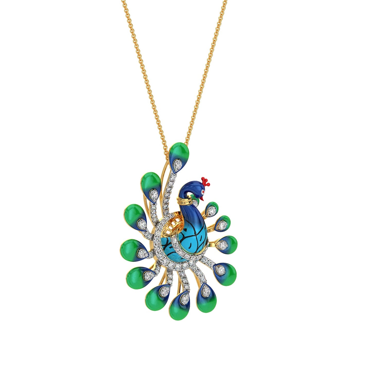 Turquoise Tail Peacock Pendant-Yellow Gold