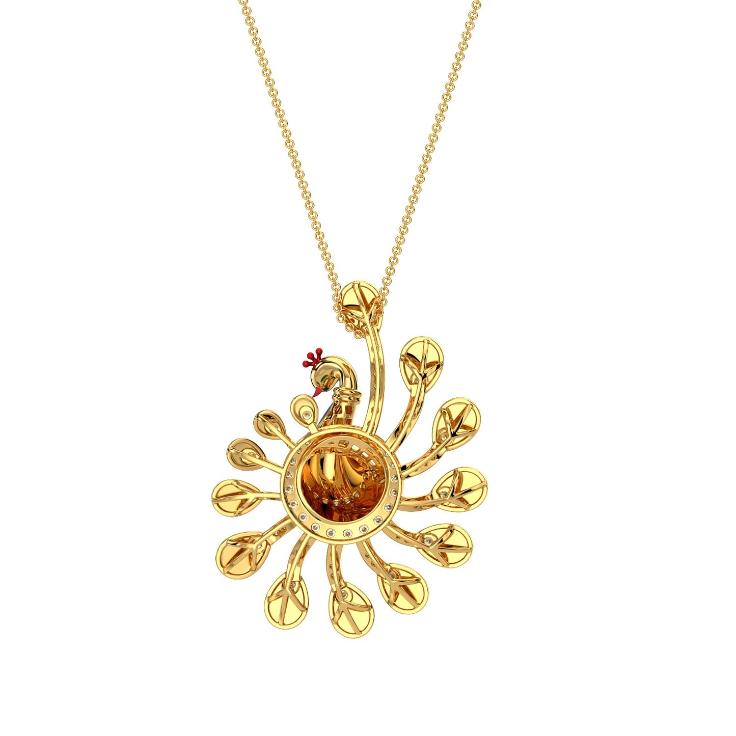 Turquoise Tail Peacock Pendant-Yellow Gold