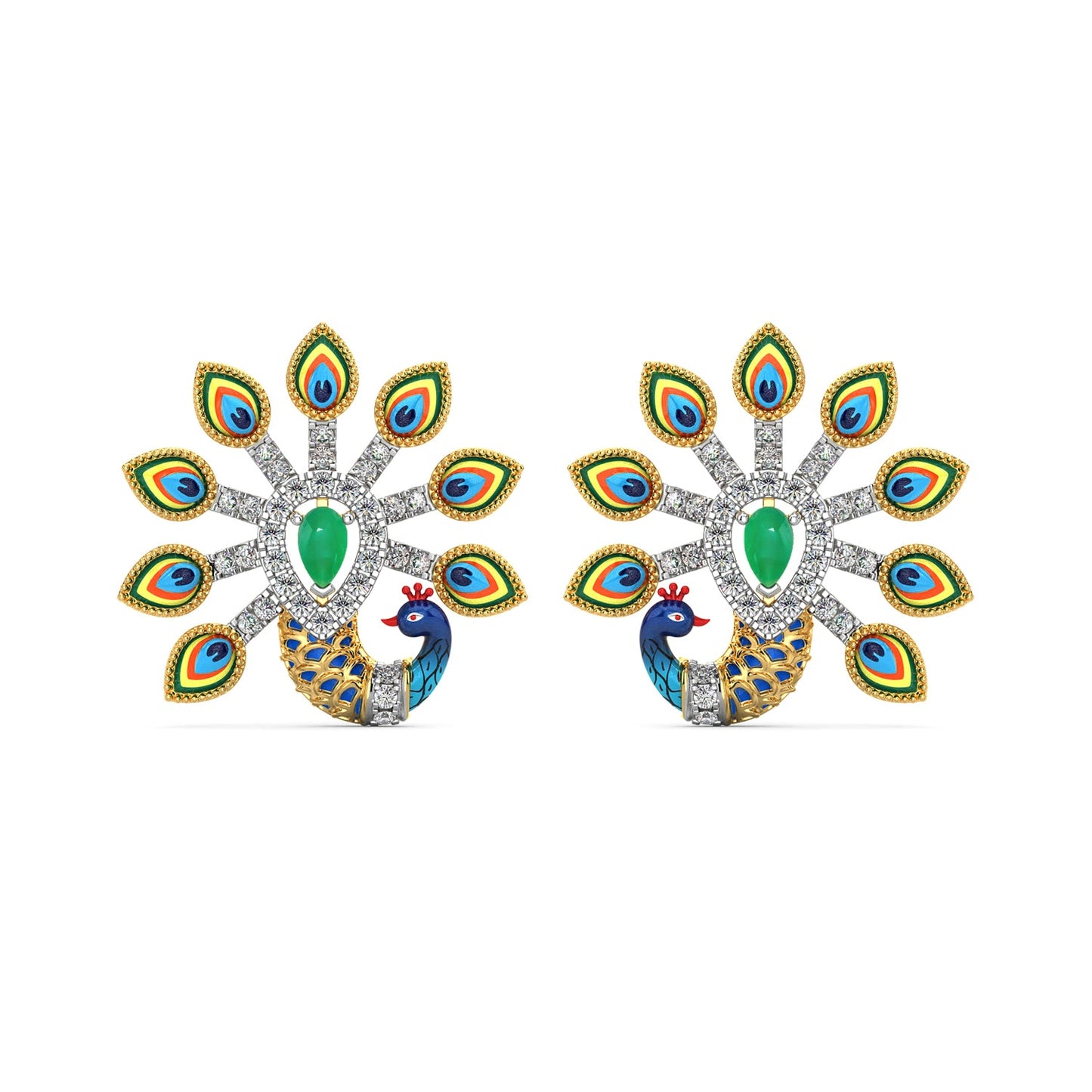 Rainbow Feather Peacock Earrings-Yellow Gold
